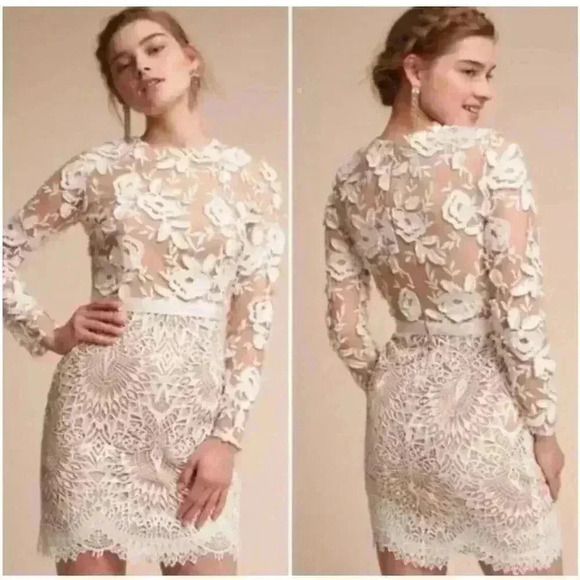 Monique Lhuillier Calypso Lace Cocktail Mini Dress 6 S Long Sleeve Bridal  BHLDN - threedaughtersproperties.com